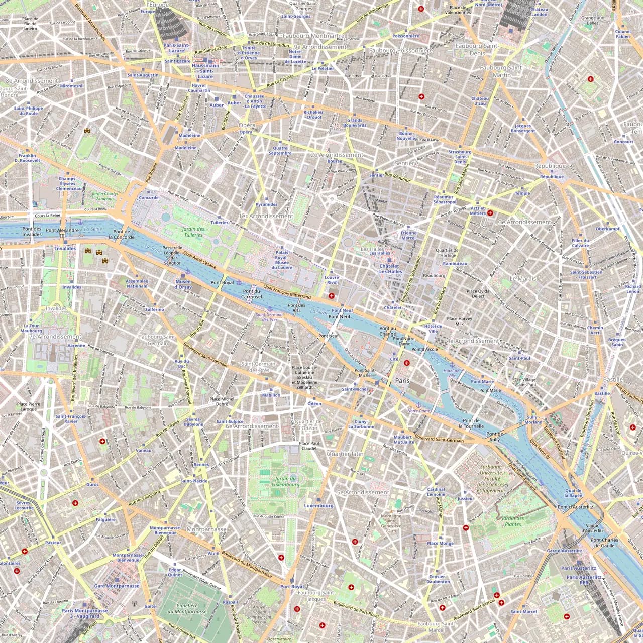 Plan du centre de Paris autour de la rue de Rivoli, avec l'adresse d'exemple, l'Hôtel-Dieu, l'ambassade britannique et Châtelet.