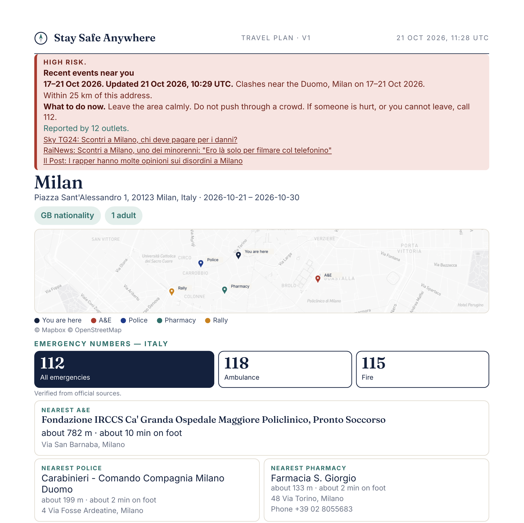 A real Stay Safe Anywhere plan for an address in Milan, with recent alerts at the top
